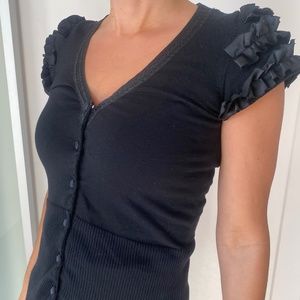 CHARLOTTE TARANTOLA Black Satin Ruffle Cap Sleeve Button up Top XS